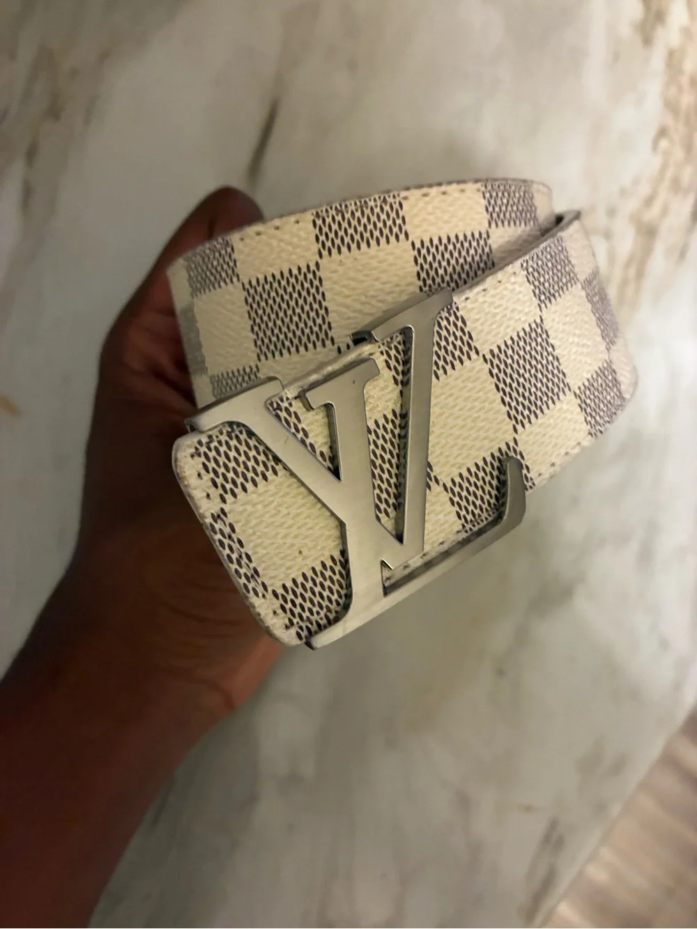 Louis Vuitton Checkered Canvas Belt in Cream and Brown with LV Buckle